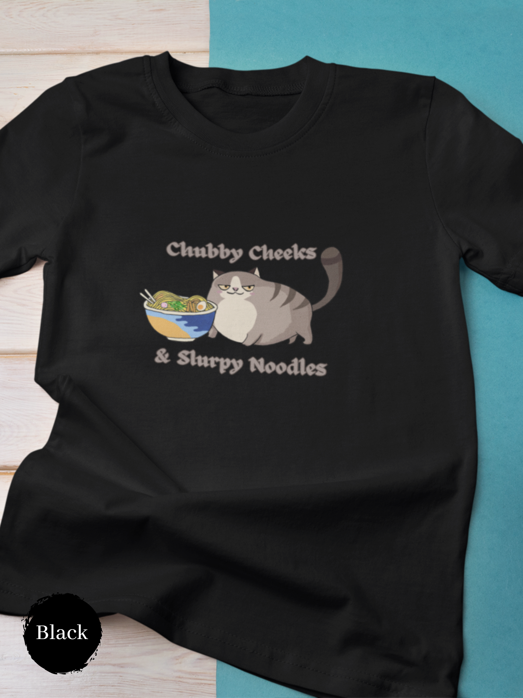 Ramen T-Shirt: Chubby Cheeks and Slurpy Noodles with Mochi Cat - Japanese Foodie Shirt with Ramen Art