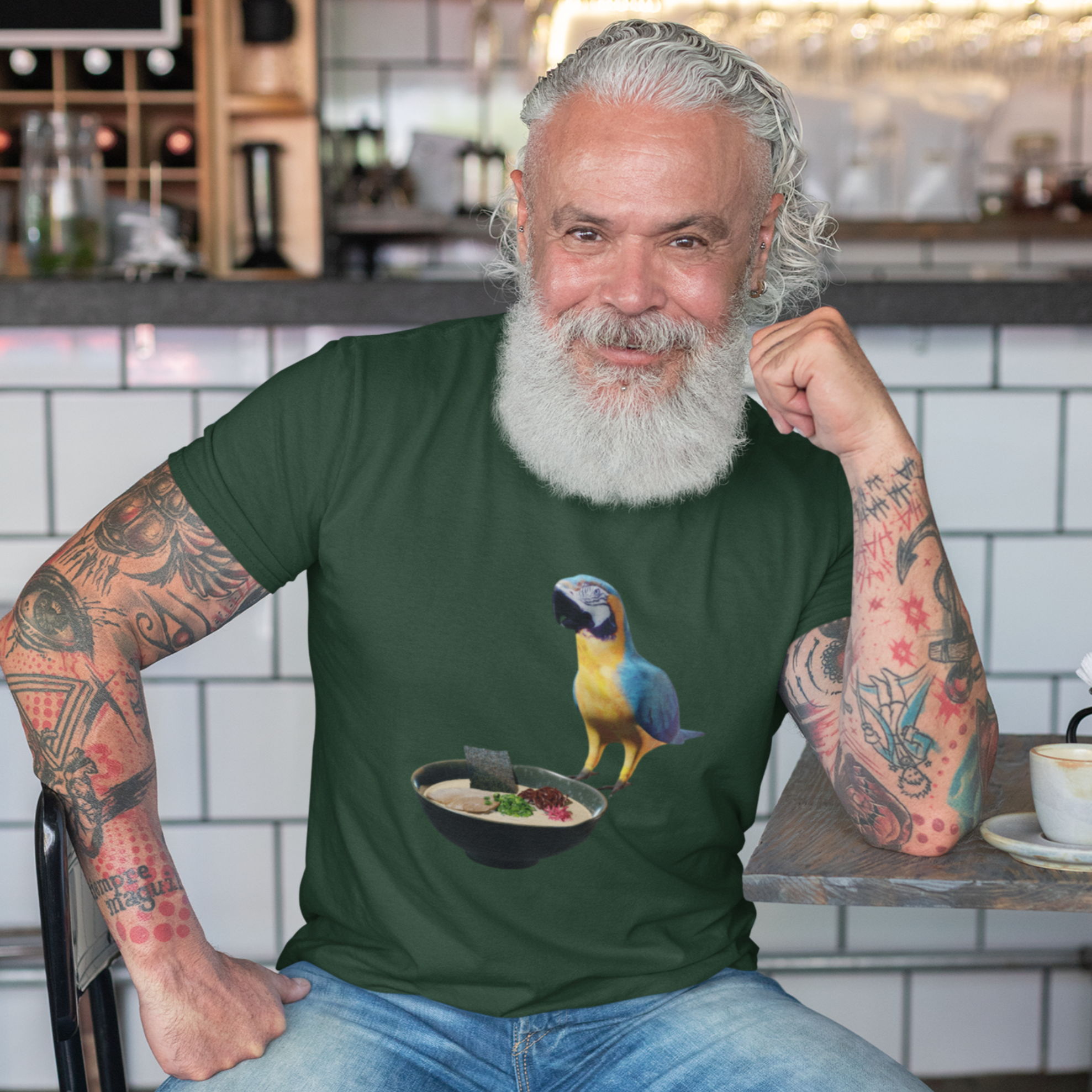 Ramen T-Shirt with Parrot and Japanese Noodle Art: Foodie Shirt for Ramen Lovers